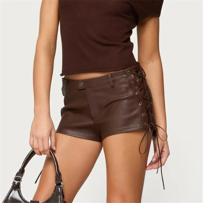 American Retro Motorcycle Style Faux Leather Low Rise Shorts Lace-Up Side Detail Mini Hot Pants Gothic Punk Streetwear