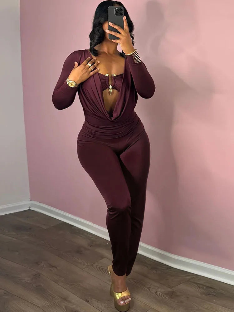 Sexy Jumpsuits Women Metal Decoration Swing Collar Long Sleeve Slim Peach Hip Midnight Street Clubwear Party Overalls