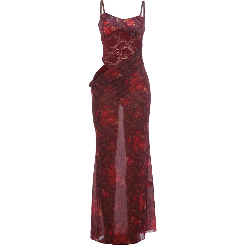 Sexy Floral Print Dress Women Fashion Lace Patchwork Hollow Square Collar Elegant Trend Vacation Party Club Bodycon