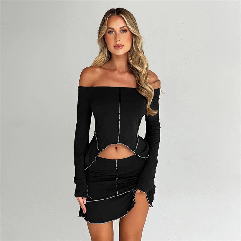2 Piece Sets Contrast Stitch Off Shoulder Long Sleeve Top Mini Skirt 2000s Clothes Y2k Fall Outfits