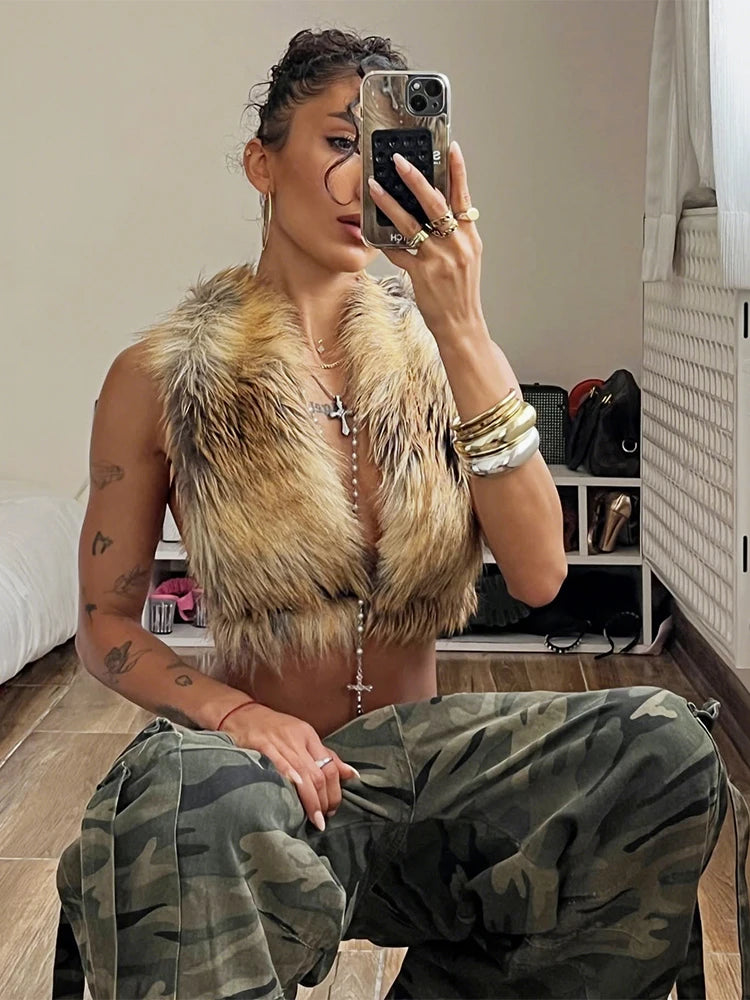 Sexy Furry Tank Top Women Halter Backless Leopard Simple Wild Gothic Punk Slim Hottie Street Midnight Clubwear Vest