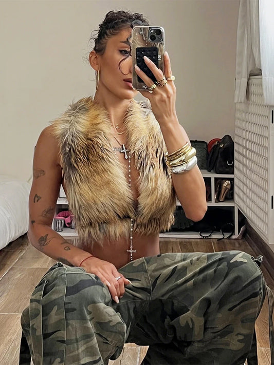Sexy Furry Tank Top Women Halter Backless Leopard Simple Wild Gothic Punk Slim Hottie Street Midnight Clubwear Vest