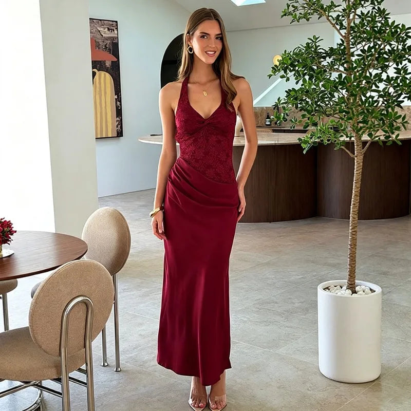 Halter Maxi Dress Lace Satin Patchwork Elegant Sexy Party Dresses for Woman Birthday Outfits