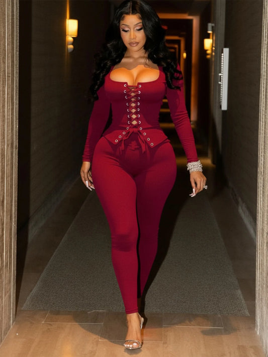 Hottie Tracksuits 2-Piece Set Women Shirring Square Collar Crop Top+Pants Matching Simple Sporty Stretch Slim Outfits