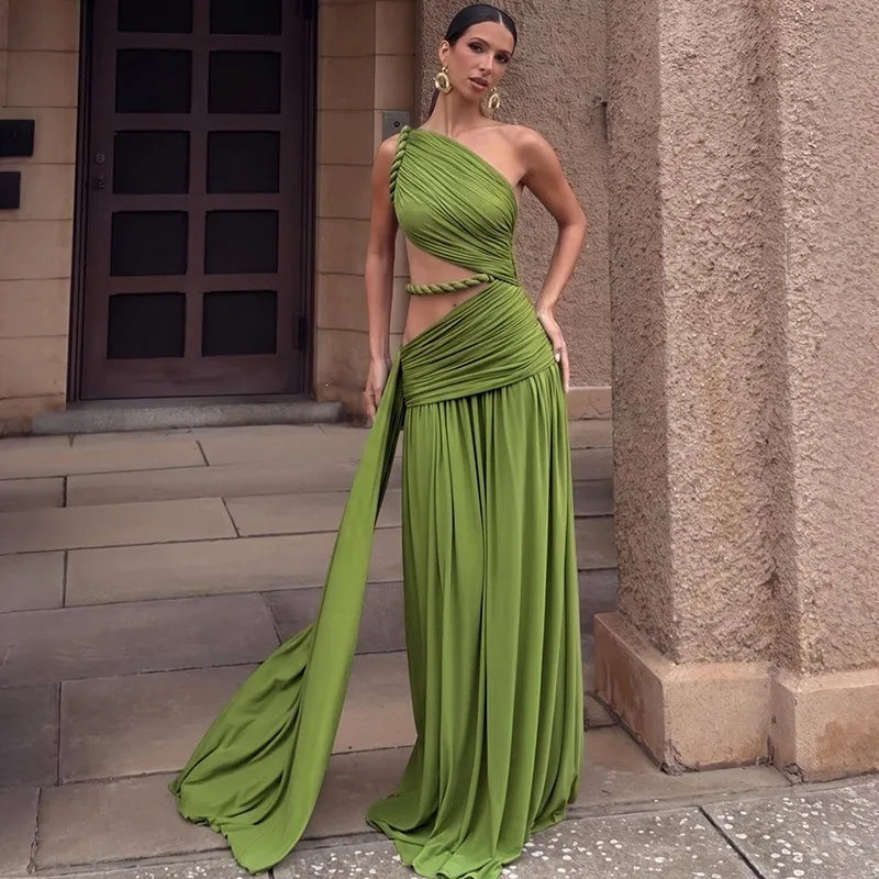 Asymmetric Cut Out One Shoulder Maxi Dress Women Clothing Elegant Sexy Party Dresses Green Burgundy