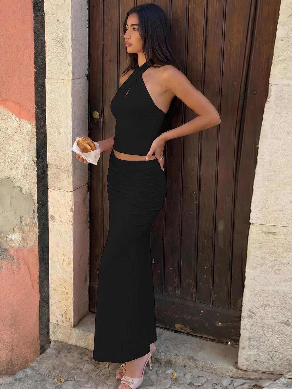 Two Piece Set Pink Halterneck Top and Matching Ruched Maxi Skirt Set Sexy Womens Outfit