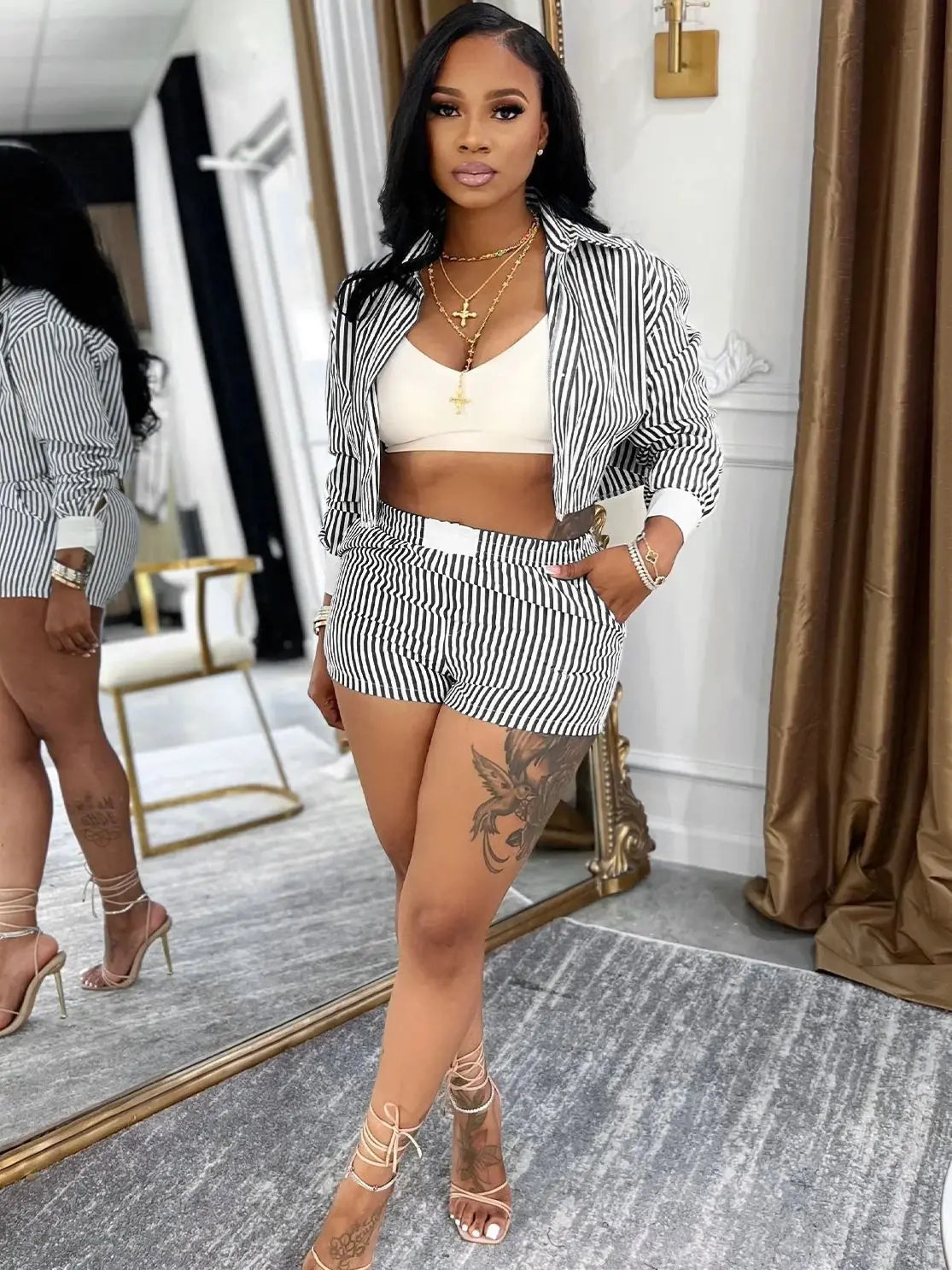 Stripe Single Button 2 Piece Set Women Elegant Patchwork Crop top+Shorts Casual Streetwear Simple Activity Outfits