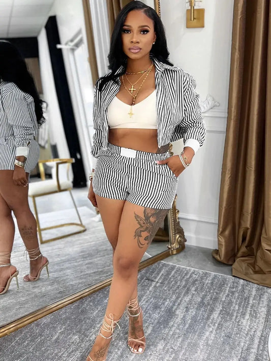 Stripe Single Button 2 Piece Set Women Elegant Patchwork Crop top+Shorts Casual Streetwear Simple Activity Outfits