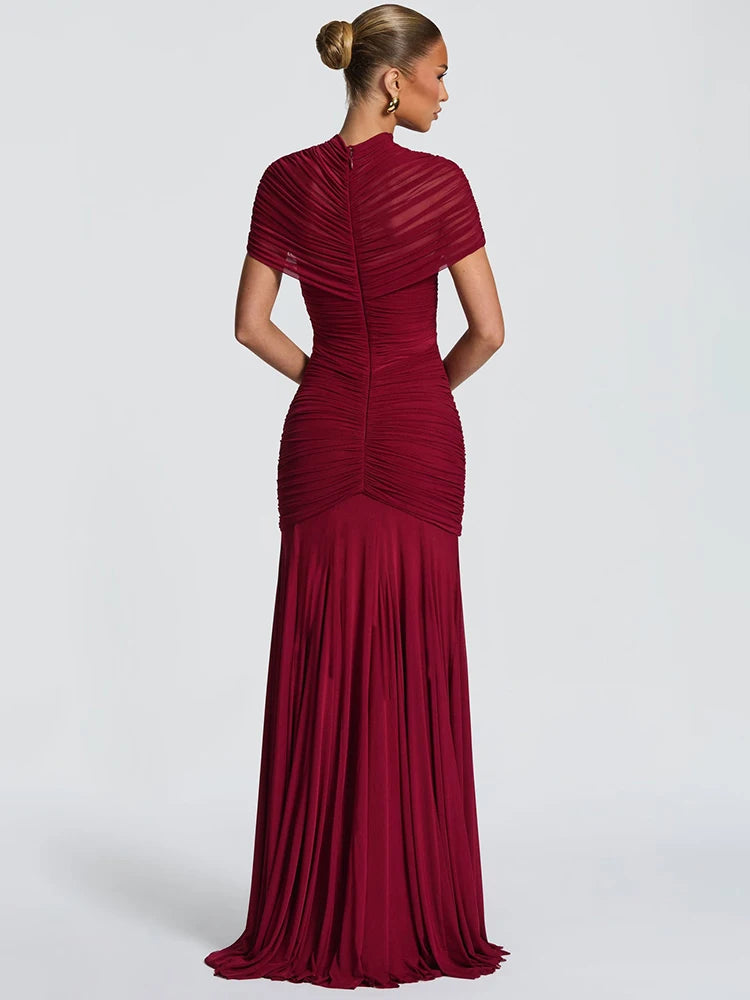 Short Sleeve Ruched Sexy Maxi Dress Women Elegant Hollow Out Turtleneck Bodycon Pleated Club Party Long Dress Female