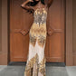 Sexy Fashion Long Dress Woman Leopard Print Lace-Up Halter Backless Sleeveless Shape Waist Ruffles Hem Elegant Vestidos