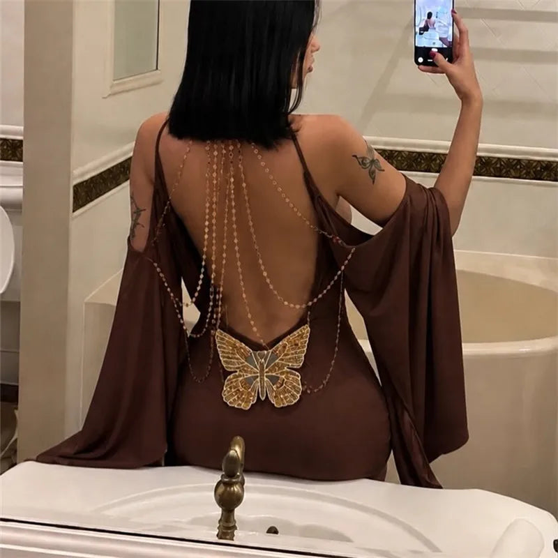 Women Bodycon Mini Dress Cold Shoulder Flare Long Sleeve Halter Backless Dress Sequin Butterfly Chain Back PartyClubwear