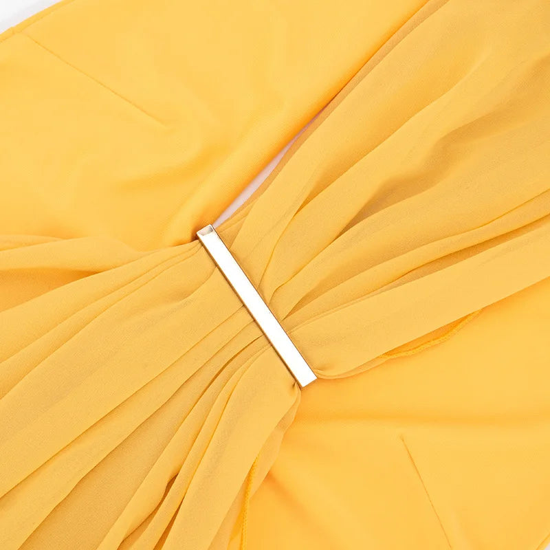 Deep V Neck Backless Maxi Dresses for Woman Sexy Elegant Mesh Patchwork Yellow Fancy Dinner Dress