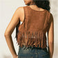 Women Retro Western Fringe Crop Vest Sleeveless Faux Suede V Neck Tie Front Tassel Waistcoat Festival Casual Outerwear