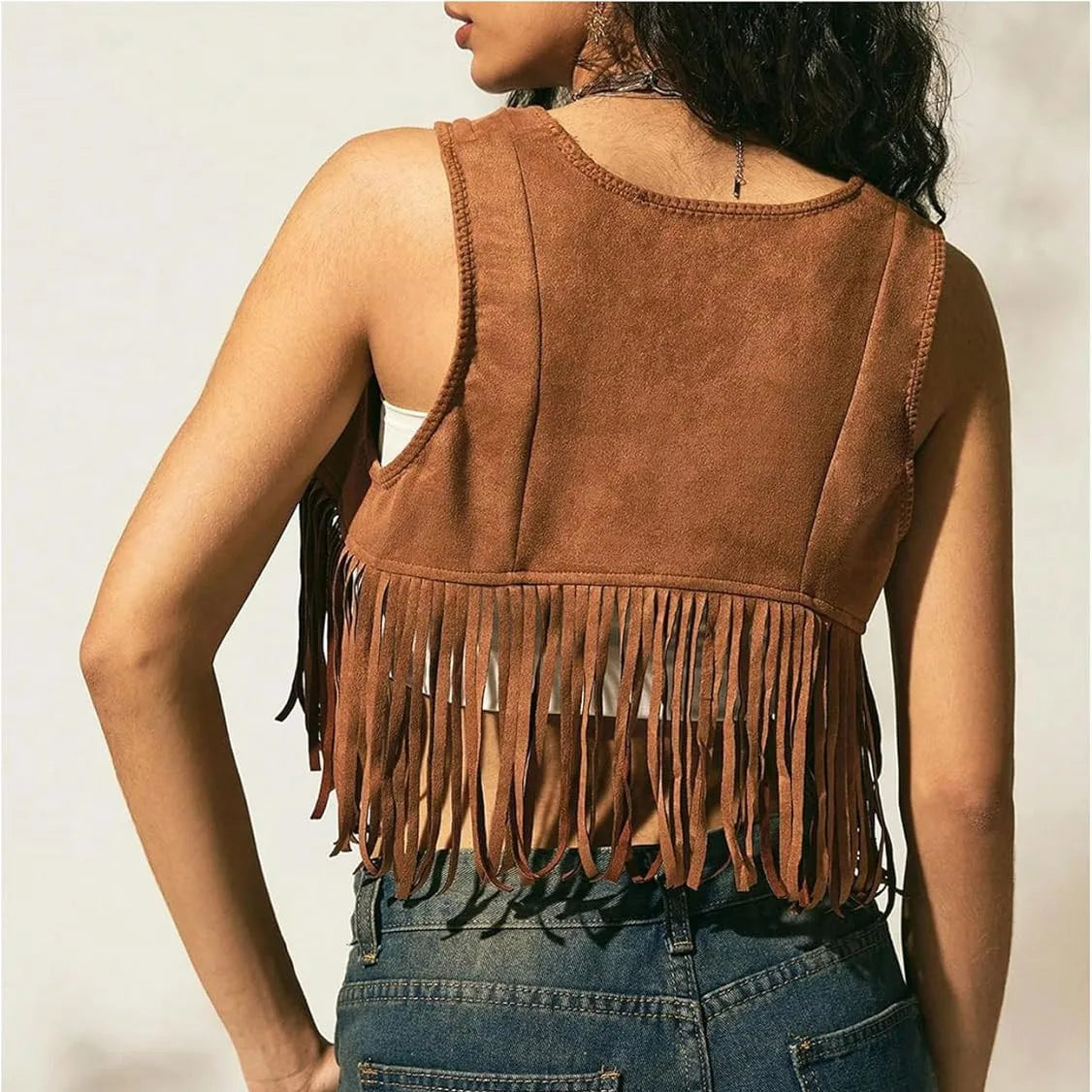 Women Retro Western Fringe Crop Vest Sleeveless Faux Suede V Neck Tie Front Tassel Waistcoat Festival Casual Outerwear