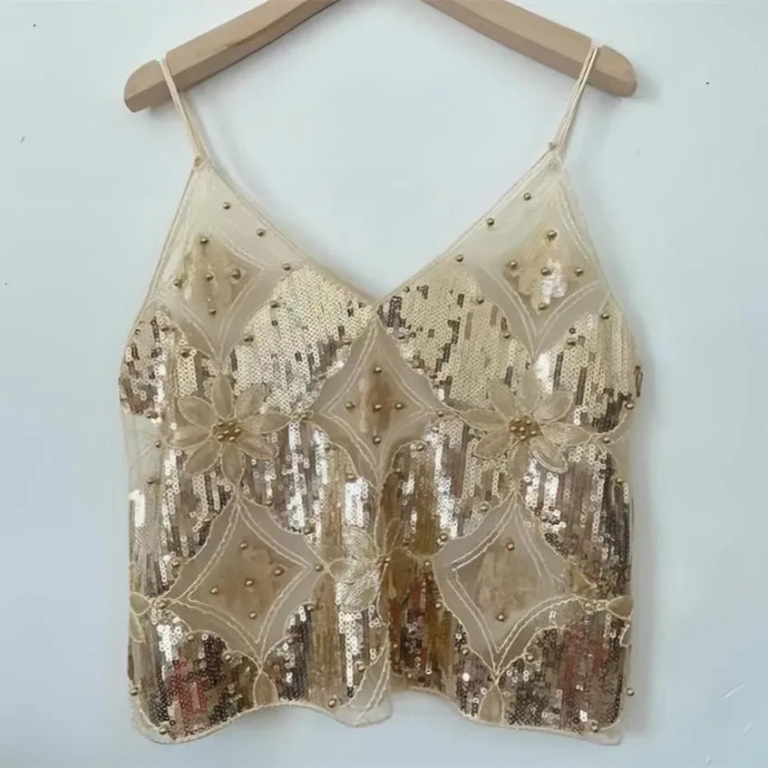 Bling Sequined Tanks Tops Women Sexy Beaded Work Mesh Tops Chic Women Sparkly Cami Vest Femme Summer Streetwear