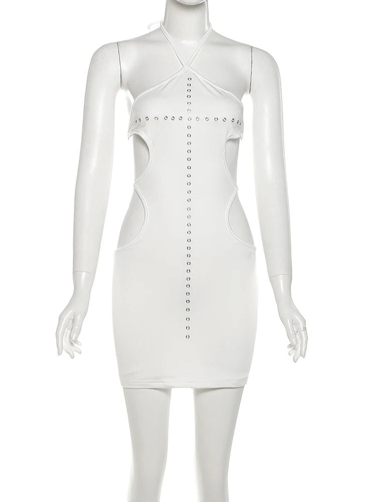 Sexy Halter Waistless Mini Dress Women Backless Hollow Hottie Solid Music Festival Street Midnight Clubwear Bodycon
