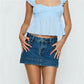 Retro Washed Micro Denim Skirt Ladies Low Rise Contrast Seam Hem Slim Fit High Cut Short Jean Skirt Concert Party Bottom