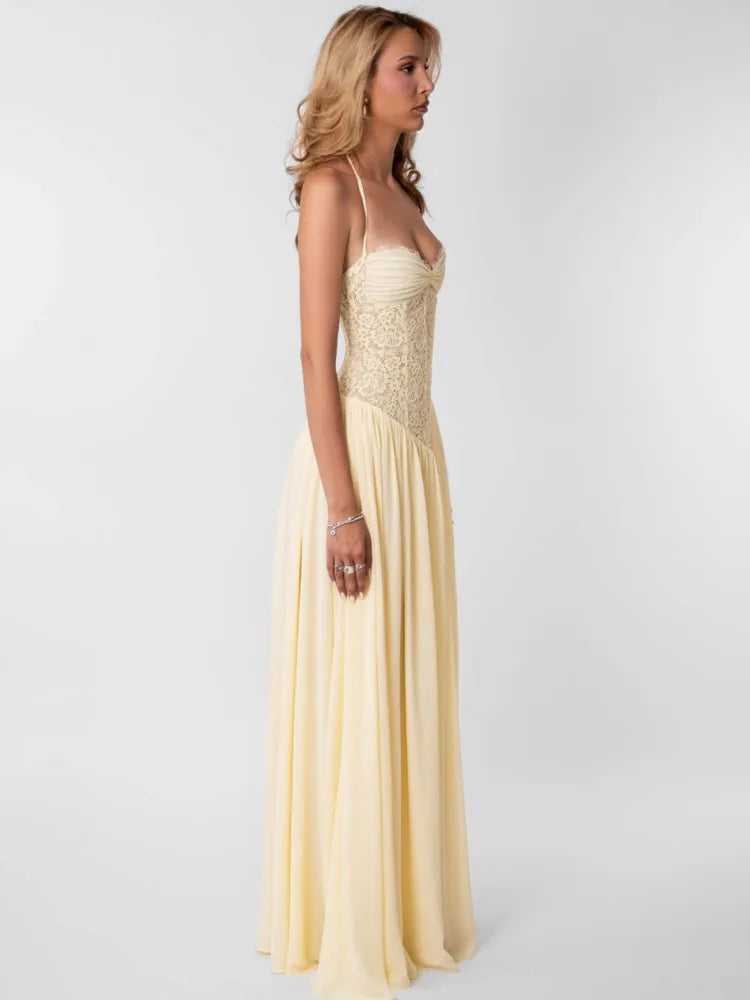 Women Halter Lace Corset Sexy Maxi Dress Sleeveless Ruched Long Dress Sweetheart Neck Backless Evening Party Dresses