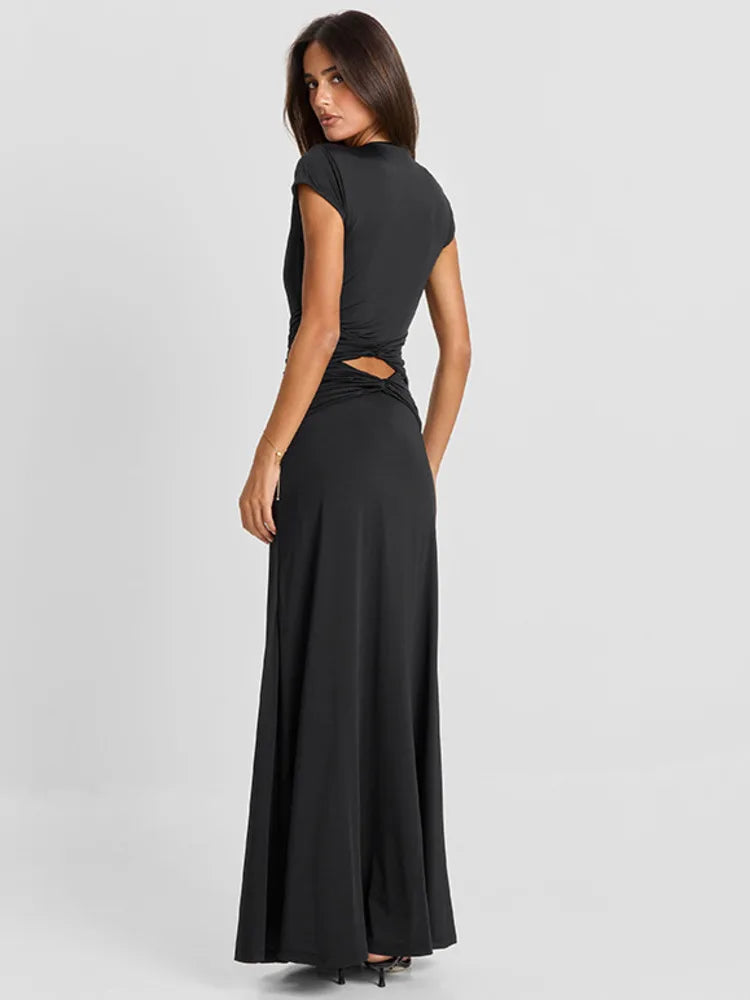 Deep V Cap Sleeve Maxi Dress Women Twist Ruched Waist Cut Out Bodycon Long Dress Night Out Wedding Guest Party Gown