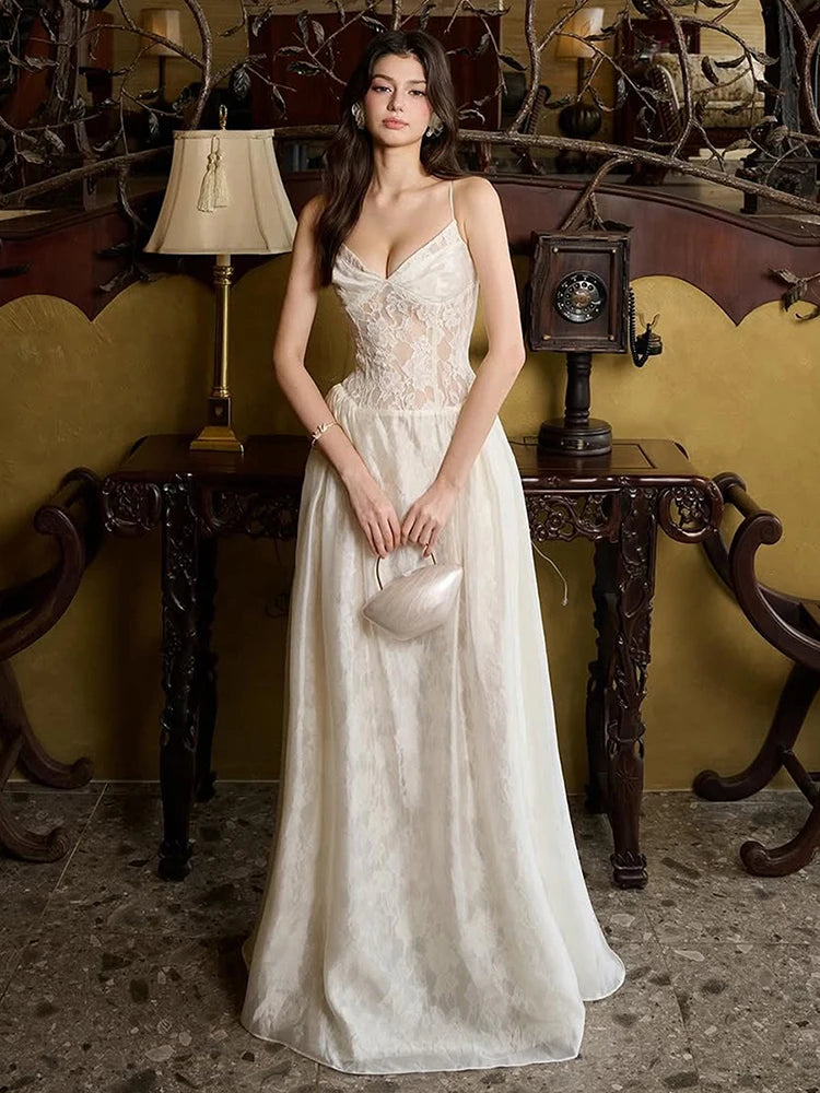 Elegant Jacquard Dress Women See Through Lace Patchwork Sleeveless V-Neck Party Banquet Fashion Chic Activity Outfits