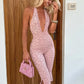 Summer Lace Sexy Jumpsuit Women Playsuit Elegant Halter V Neck Sleeveless Backless Skinny Beach Club Party Jumpsuit
