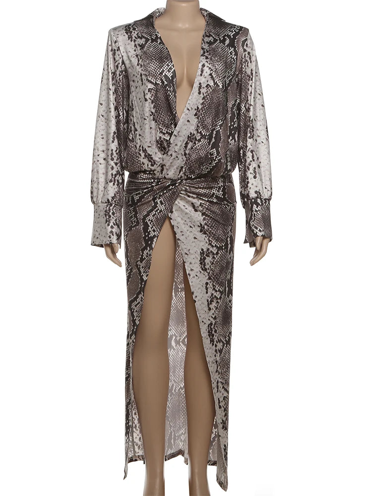 Deep V-Neck Dress Women Hipster Snake Pattern Split Sexy Lapel Elegant Street Midnight Clubwear Stretch Slim Long Bodycon