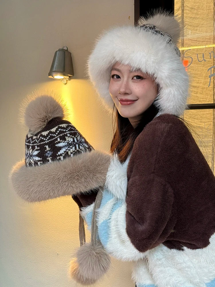 Cute Fair Isle Plush Lining Strap Pom Pom Knit Beanie For Women