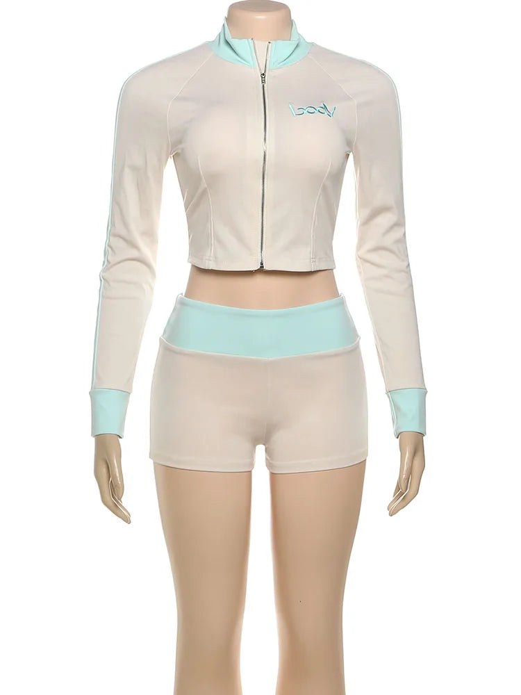 Casual Women 2Piece Set Letter Embroidery Zip Crop Jacket+Widewaist Shorts Matching Streetwear Stretch Sporty Outfits