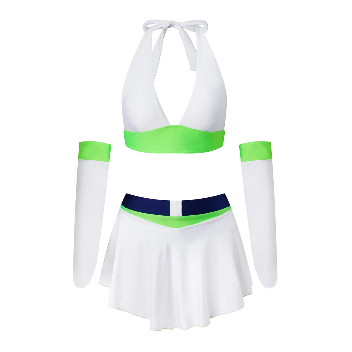 Women Cheerleader Cosplay Costume Sets Halter Crop Top Flared Mini Skirt With Long Arm Sleeves Halloween Party Outfit