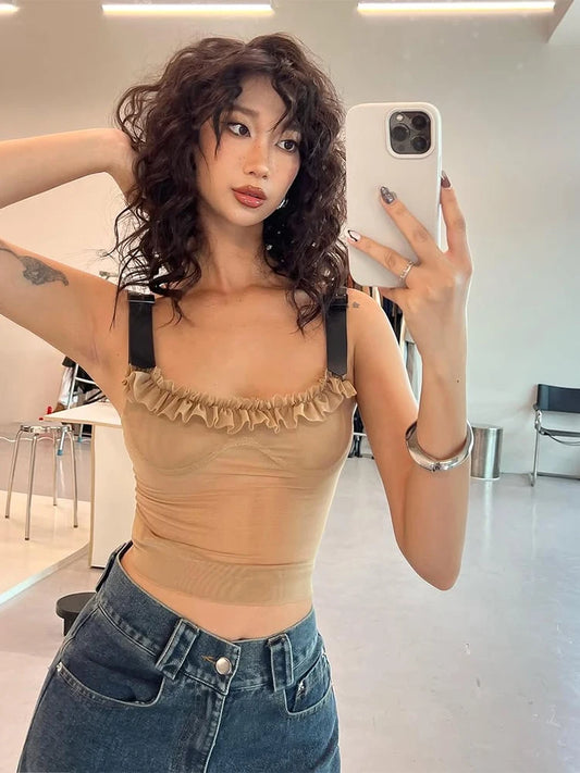 Patchwork Fungus Edge Camisole Women Y2K Mesh Metal Adjustment Clasp Low-Neck Sexy Skinny Midnight Summer Trend Tops