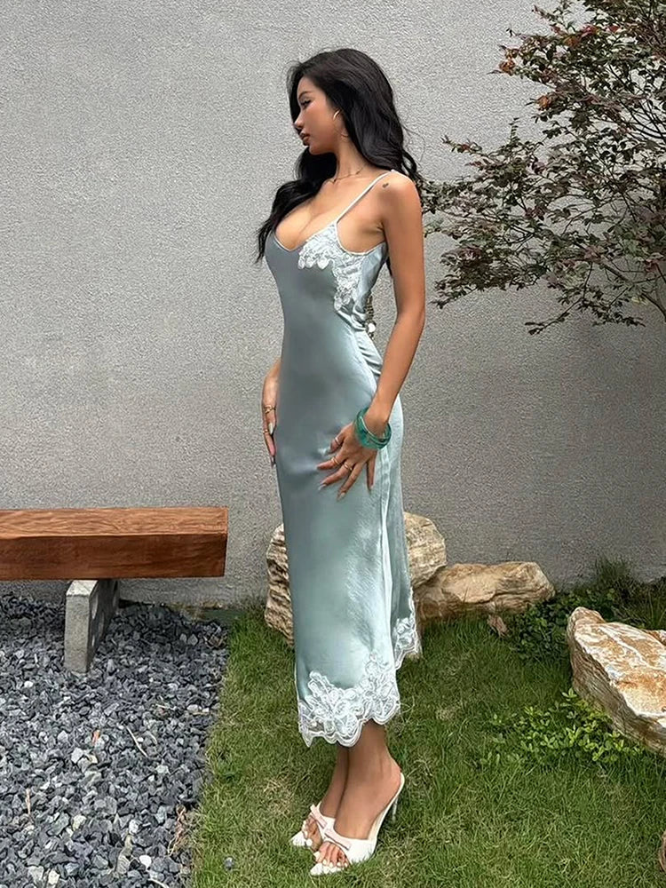 Patchwork Satin Lace Maxi Dress Women Low-Neck Sleeveless Skinny Elegant Vacation Prom Party Classic Chic Vestidos
