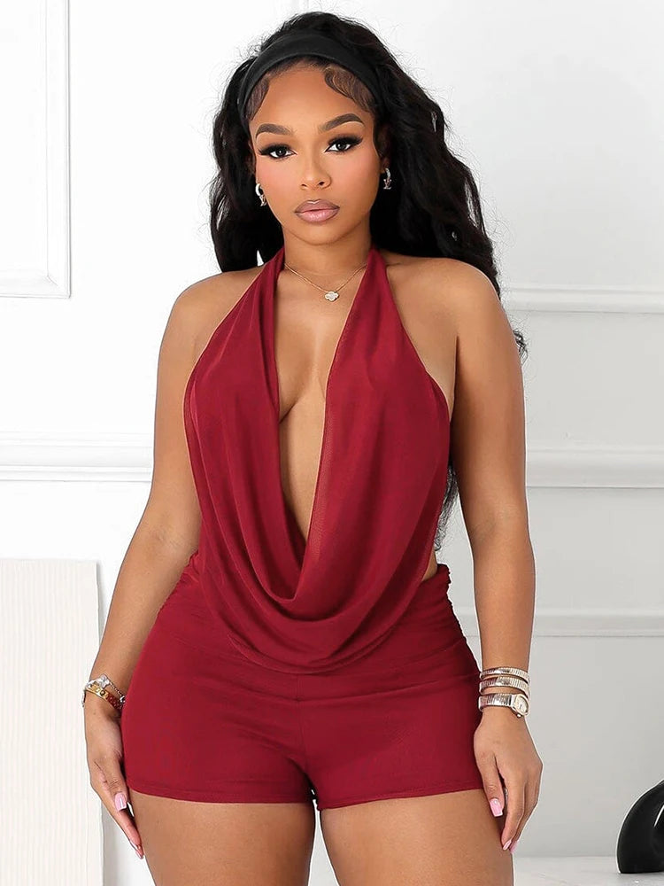 Sexy Elegant 2 Piece Set Halter Backless Bandage Swing Collar Tank Tops+Shorts Matching Streetwear Tight Stretch Suit