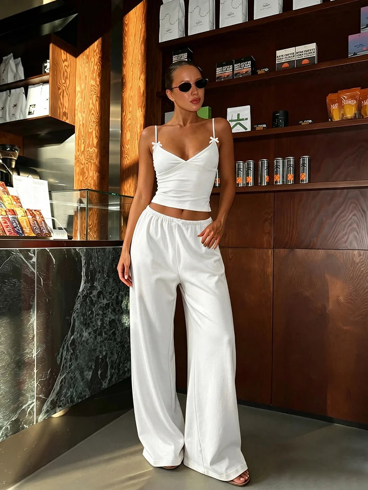 Fashion Chic 2 Piece Set Women Trend Chic Bow Applique V-Neck Camisole+Straight-Leg Pants Casuals Street Sport Suits