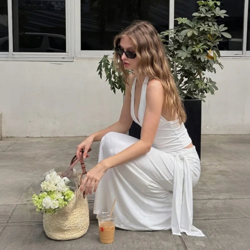 Two Piece Set Deep V-neck Halter Top and Ruched Maxi Skirt Sexy Summer All White Party Outfits for Woman