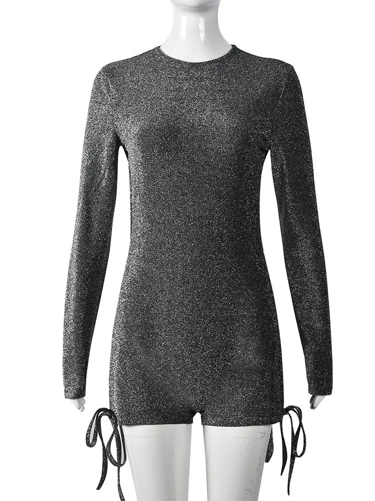 Bright Silk Sexy Hollow Playsuits Women Zip Patchwork o-Neck Backless Full Sleeve Shirring Skinny Peach Hip Romper