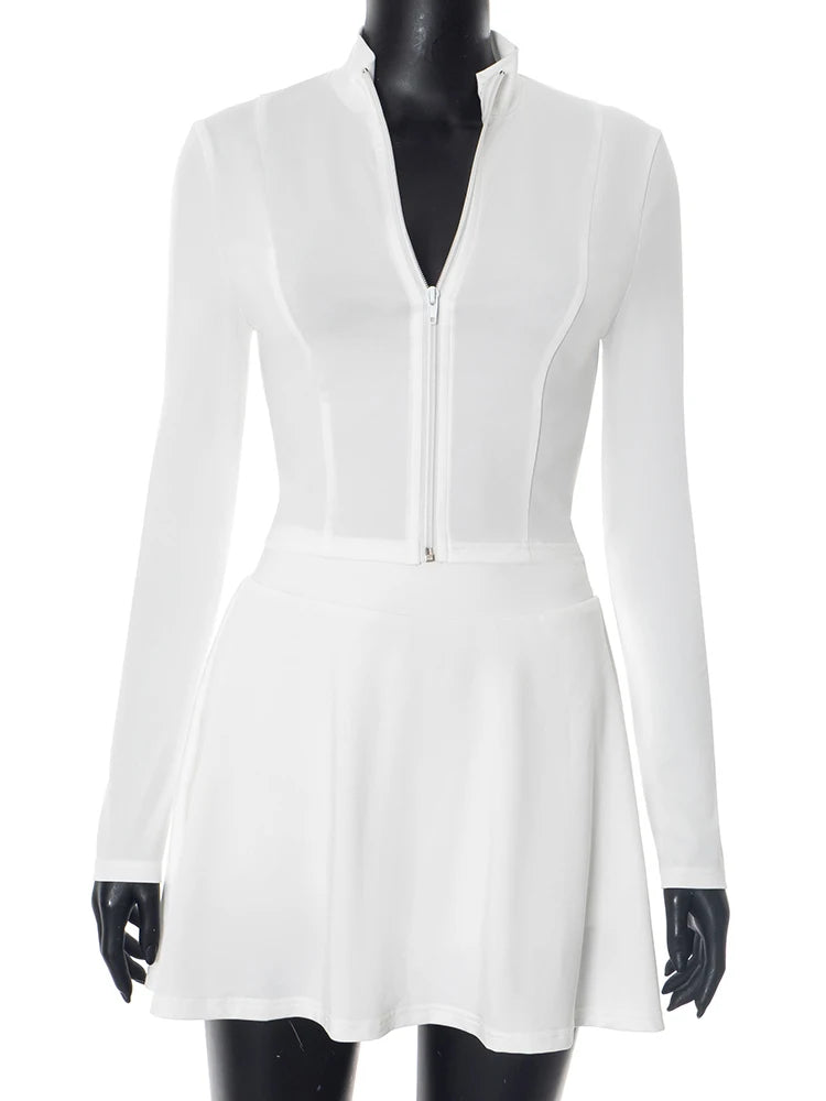 Y2K Solid Style 2 Piece Set Women Zipper Cardigan Full Sleeve Tops+Ruched Mini Skirts Daily Casual Simple Streetwear