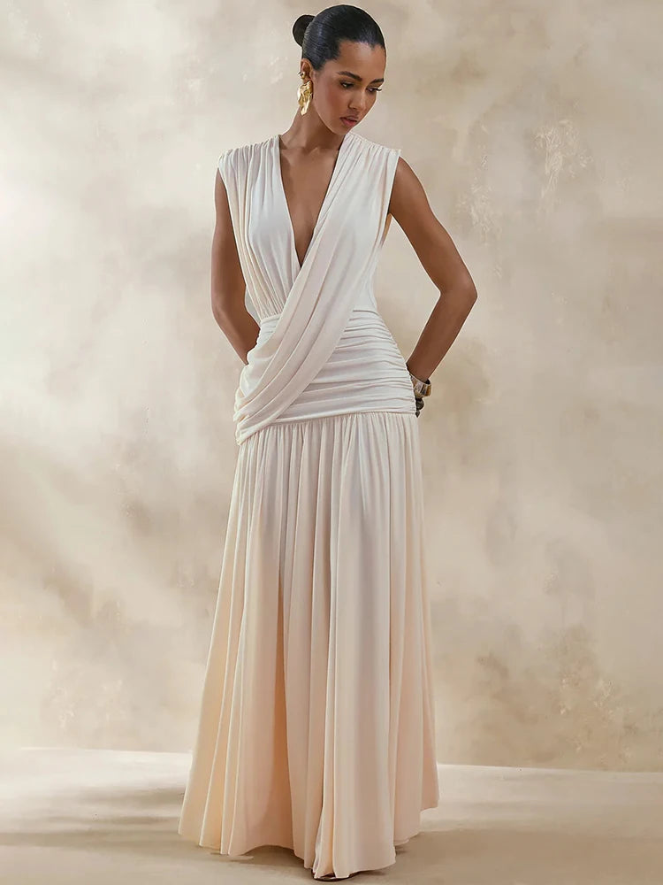 Elegant Deep V Neck Sexy Maxi Dress Women Fashion Sleeveless Draped Ruched Waist Bodycon Club Party Long Dresses Female