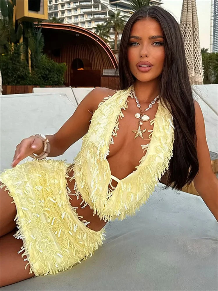 Summer Sequin Tassels 2 Piece Set Women Sexy Swing Collar Tank Tops+Peach Hip Skits Midnight Birthday Party Slim Clubwear