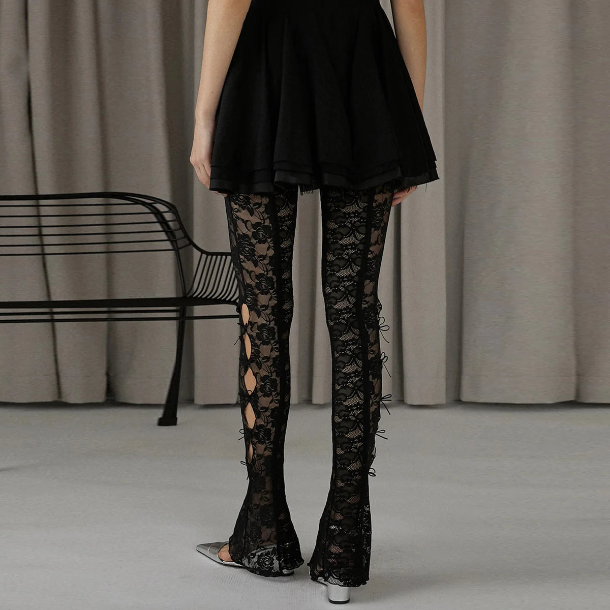 Women's Lingerie Lace Flare Pants High Waist Side Cutout Mini Bow Slim Fit Sheer Mesh Leggings Trousers Club Streetwear