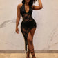Sexy Fashion 2 Piece Set Woman Lace Patchwork Halter Low-Neck Backless Skinny Bodysuits+Irregular Mid Skirts Suits