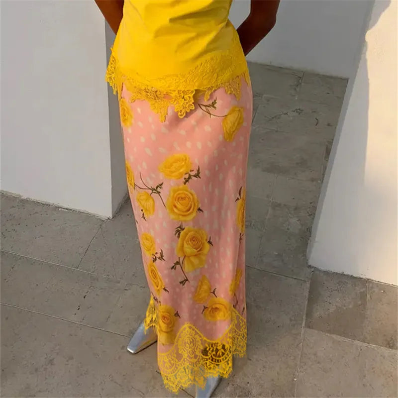 Vintage Floral Print Bodycon Long Skirt Women Polka Dot Lace Spliced Hem High Waist Mermaid Midi Skirt Casual Beachwear