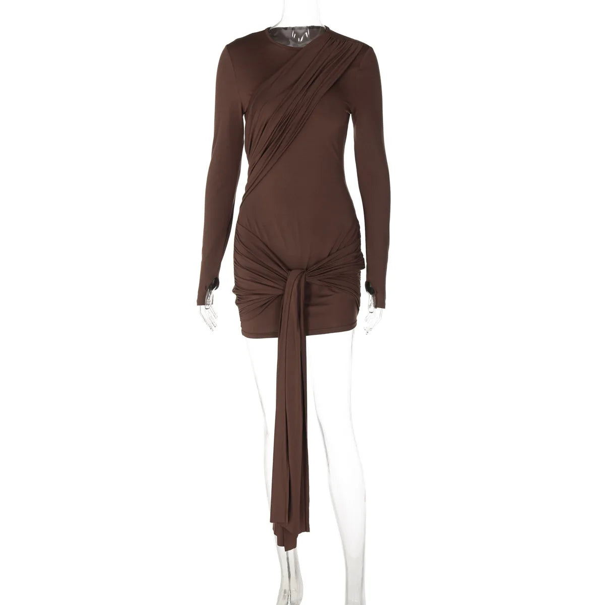 Long Sleeve Draped Short Dresses Fall Woman Clothes Fashion Sexy Brown Birthday Dress