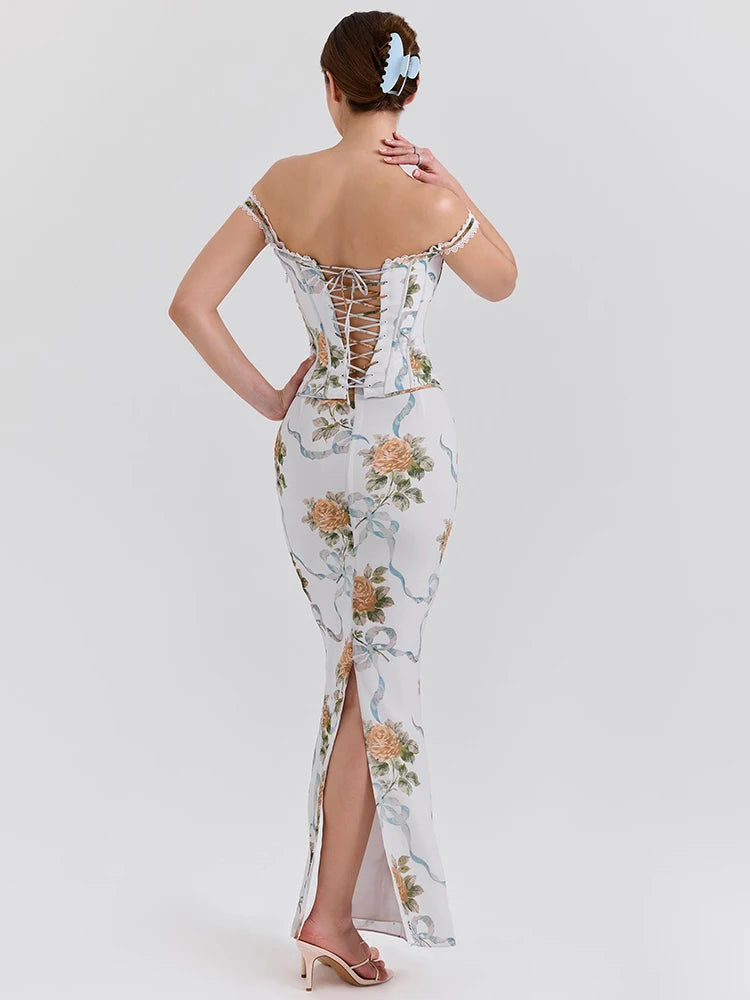 Vintage Print Sexy Maxi Dress Women Gown Summer Off-shoulder Sleeveless Backless Bodycon Club Party Long Dress Elegant