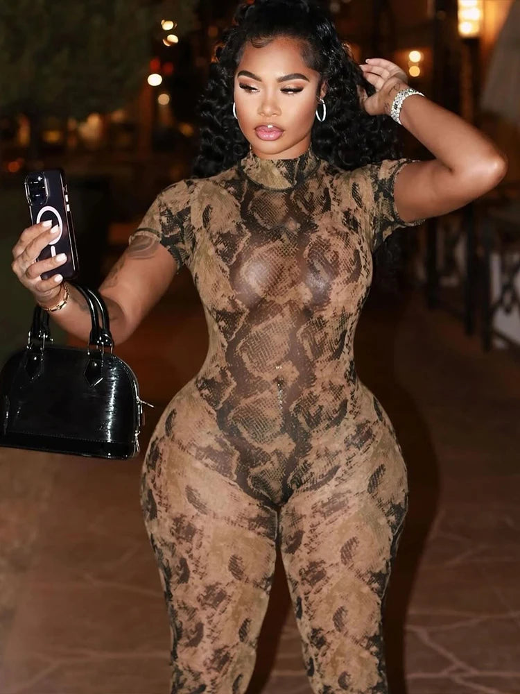 Serpentine Jumpsuit Women See Through Backless Short Sleeve Sexy Fit Summer Workout Overalls Stretch Button Clubwear