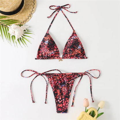 Women 2 Pieces Bikini Swimsuit Spaghetti Strap Top Tie Side Triangle G-Thong Bathing Suit Beach Holiday Swimwear