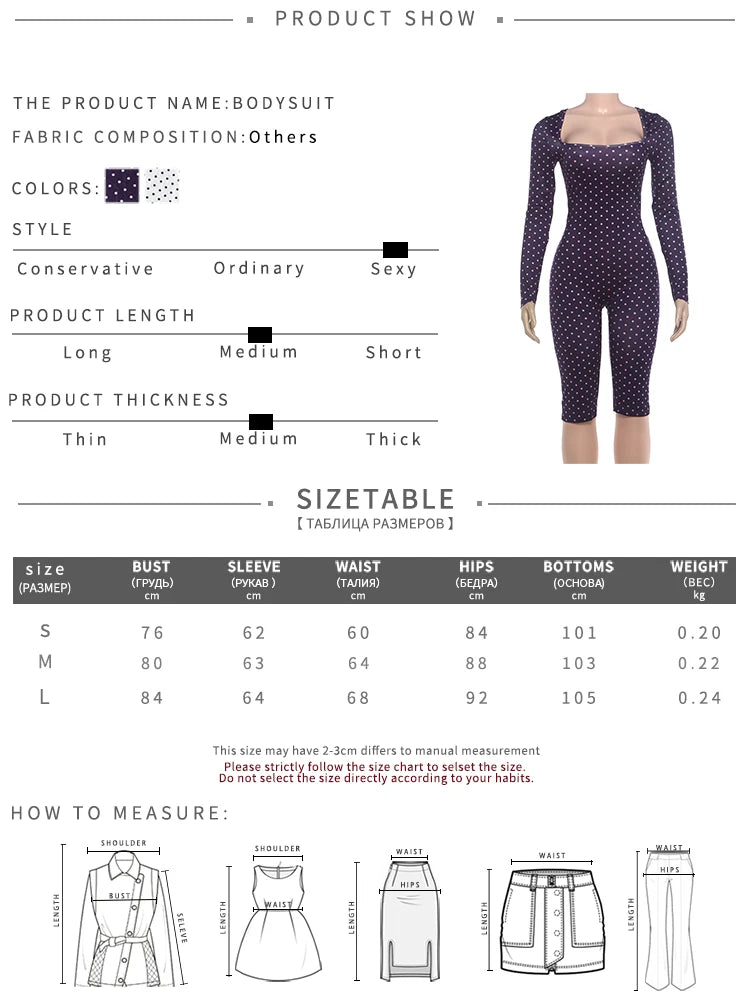 Sexy Fashion Playsuits Woman Polka Dot Print Square Collar Full Sleeve Skinny Peach Hip Midnight Club Party Rompers