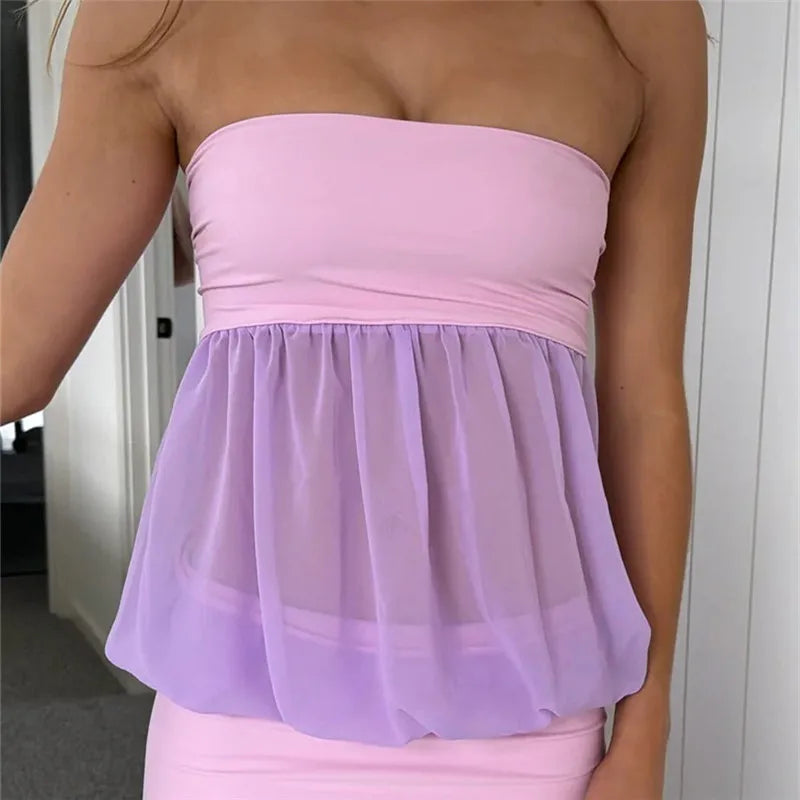 Y2K Sweet Strapless Mesh Spliced Tube Top Women Sheer Chiffon Peplum Flowy Crop Top Sleeveless Casual Party Blouse
