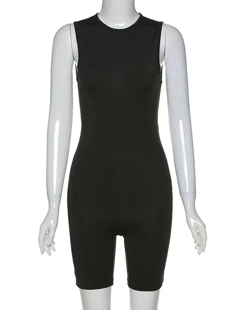 Sporty Hip-Lift Romper Women Zipper Solid Stretch Skinny Round Neck Fitness Playsuit Sleeveless Casual Street Bodycon