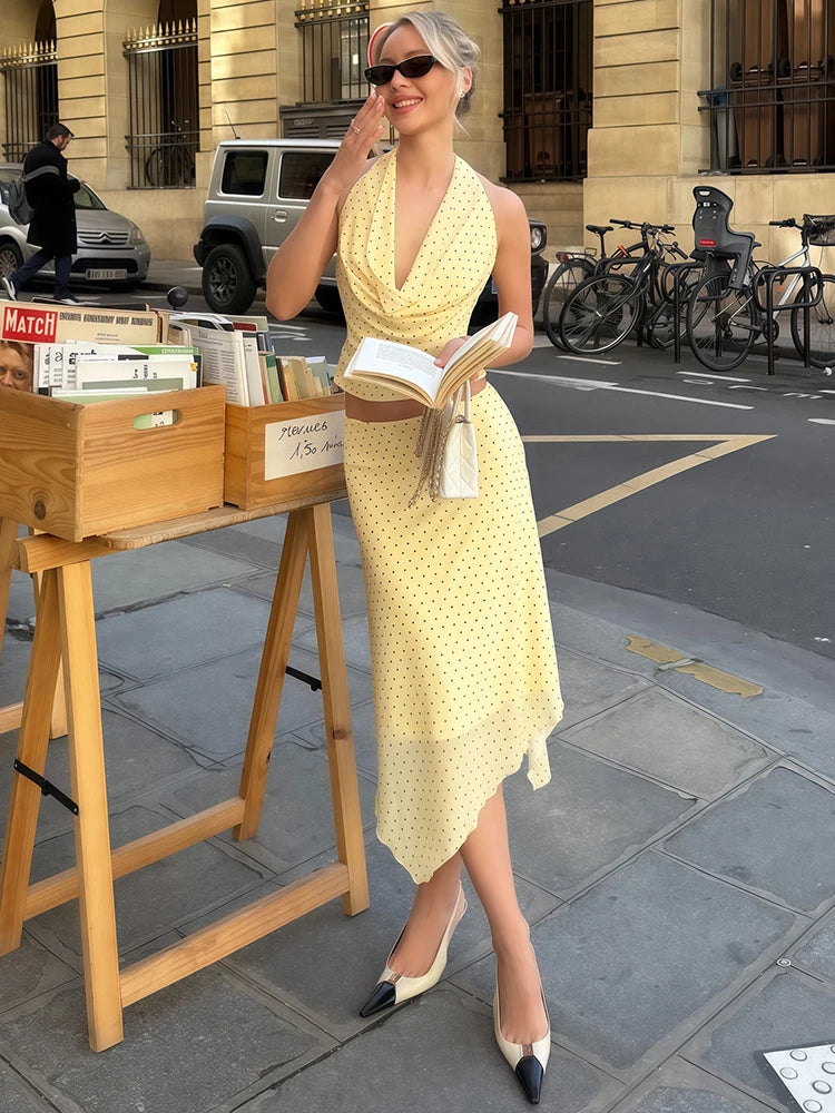 Ruched Elegant 2 Piece Set Woman Polka Dot Print Halter Backless Tank Tops+Elastic Waist Long Skirts Y2K Style Suits