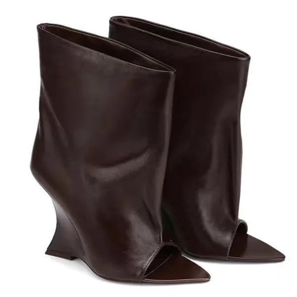 Ladies' Spring/Summer New Fish Mouth Slope High Heel Short Boots with Pointed Toe Exposed Cool Boots, Mid Top Boots